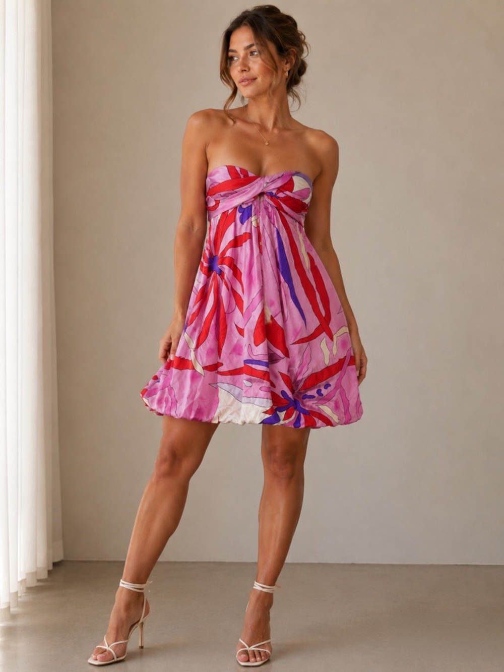 Andrea Behar Boston Proper Strapless Floral Twist-Front Balloon Hem Silk Dress